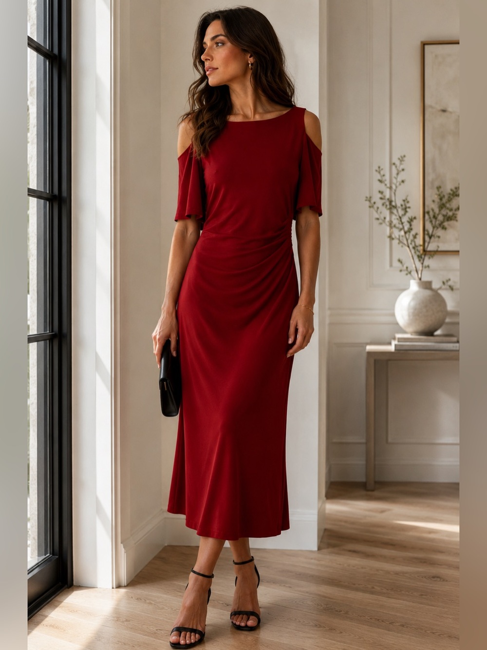 Ralph Lauren Cold-Shoulder Midi Dress in Red